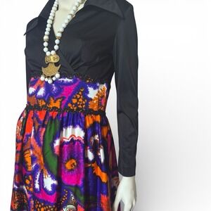 Vintage Mod 60s Colorful Abstract Floral Psychedelic Maxi V-Neck Collar Dress